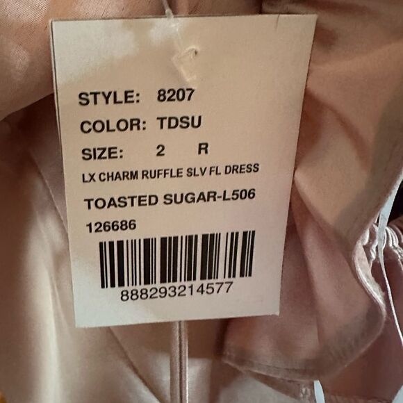 NWTs Dessy Collectiom SOCIAL Ruffle Sleeve Tie Back Satin Gown Size 2 - Picture 9 of 9